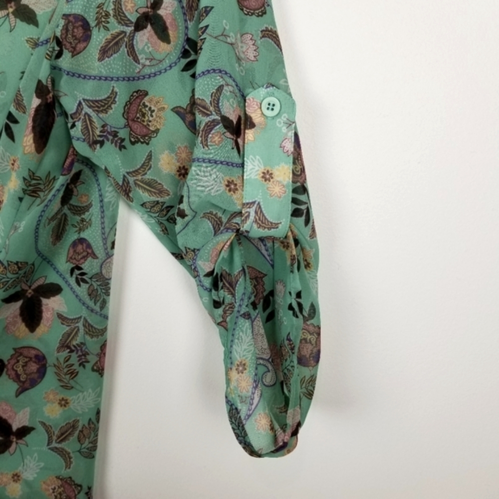 19 Cooper green sheer tunic floral v-neck 3/4 tab sleeves fairy girl coquette M - Picture 3 of 8